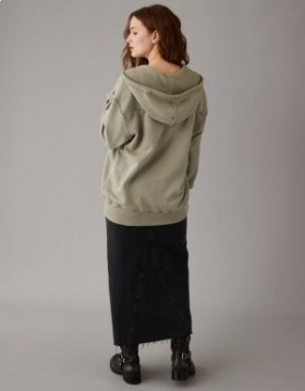 Aerie Oversized Washed Zip-Up Hoodie Olive Green