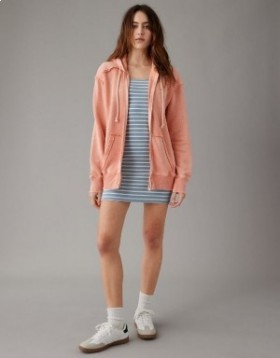 Aerie Oversized Washed Zip-Up Hoodie Orange