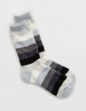 Aerie Fuzzy Striped Crew Socks White Black Grey