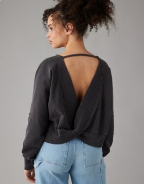 Aerie Long-Sleeve Cropped Twist-Back Sweatshirts Black