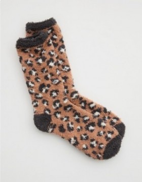 Aerie Fuzzy Crew Socks Brown