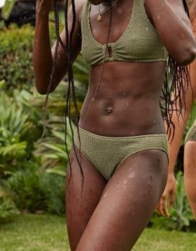 Aerie Shine Crinkle Full Coverage Bikini Bottoms Olive Green