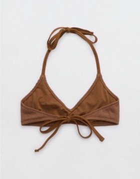 Aerie Crinkle Halter Voop Bikini Top Dark Brown