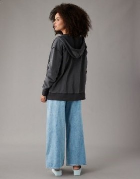 Aerie Oversized Washed Zip-Up Hoodie Black