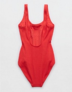 Aerie Crinkle Wide Strap Scoop One Piece Swimsuits Red