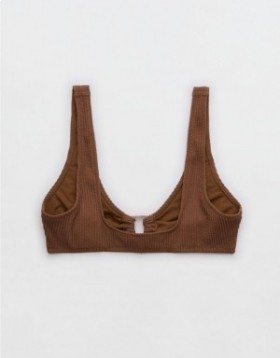Aerie Crinkle Wide Strap Scoop Bikini Top Dark Brown