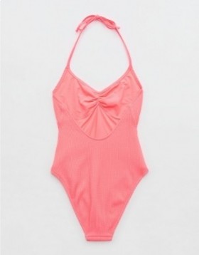 Aerie Crinkle Halter Voop One Piece Swimsuits Coral Orange