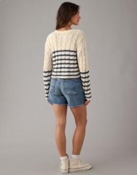 Aerie Cropped Cable-Knit Pullover Navy