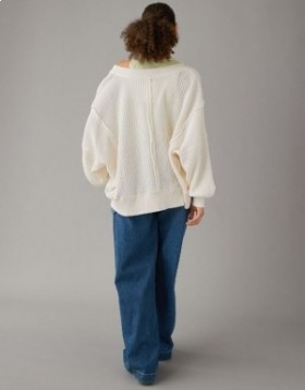 Aerie Oversized Big Hug Waffle V-Neck Sweatshirts White