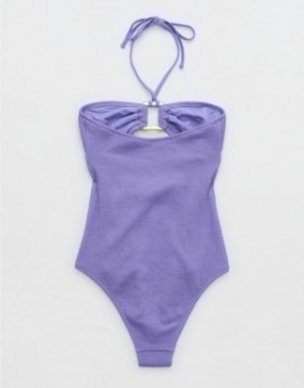 Aerie Crinkle Bandeau One Piece Swimsuits Purple