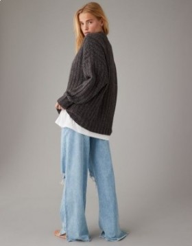 Aerie Whoa So Cozy Waffle Pullover Gray