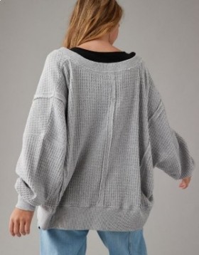 Aerie Oversized Big Hug Waffle V-Neck Sweatshirts Gray