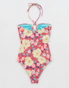 Aerie Ring Bandeau One Piece Swimsuits Red