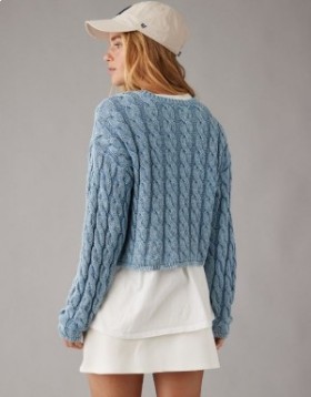  Suéter Aerie Cropped Cable-Knit Azul