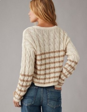  Aerie Cropped Cable-Knit Pullover Khaki