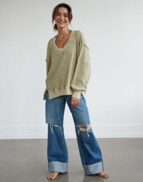  Aerie Oversized Big Hug Waffle V-nyakú pulóverek Olive Green