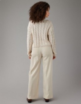  Aerie Cropped Cable-Knit Pullover Biały