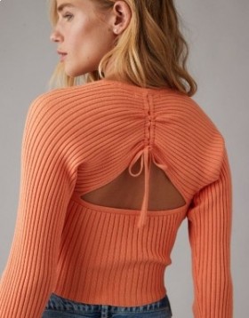  Aerie Cropped Marszczony Sweter Pomarańczowy