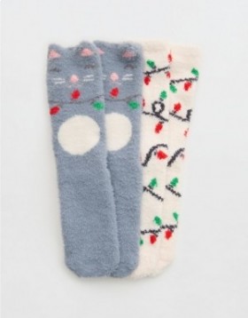  Pachet de 2 șosete Aerie Fuzzy Holiday Crew, gri argintiu