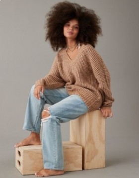  Aerie Whoa So Cozy Waffle pulóver s výstrihom do V hnedý