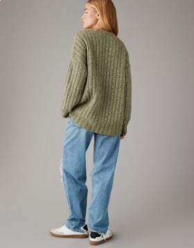  Aerie Whoa So Cozy Waffle Pullover Olivgrön