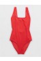  Traje de baño de una pieza con escote redondo y tirantes anchos arrugados Aerie rojo