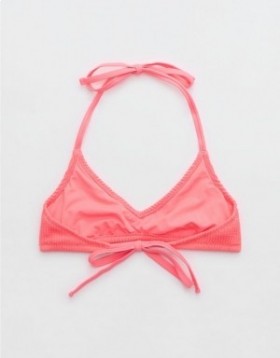  Aerie Crinkle Halter Voop Bikini Top Koraal Oranje