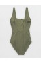  Aerie Shine Crinkle Wide Straps Scoop One Piece Badeanzug Olivgrün