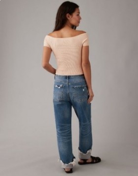  Aerie Cropped Rippenstrickjacke mit schulterfreiem Oberteil Hellrosa – Damen
