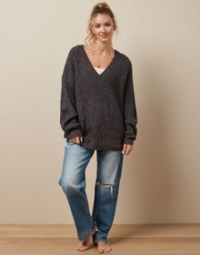  Aerie Whoa So Cozy Waffelpullover mit V-Ausschnitt Grau